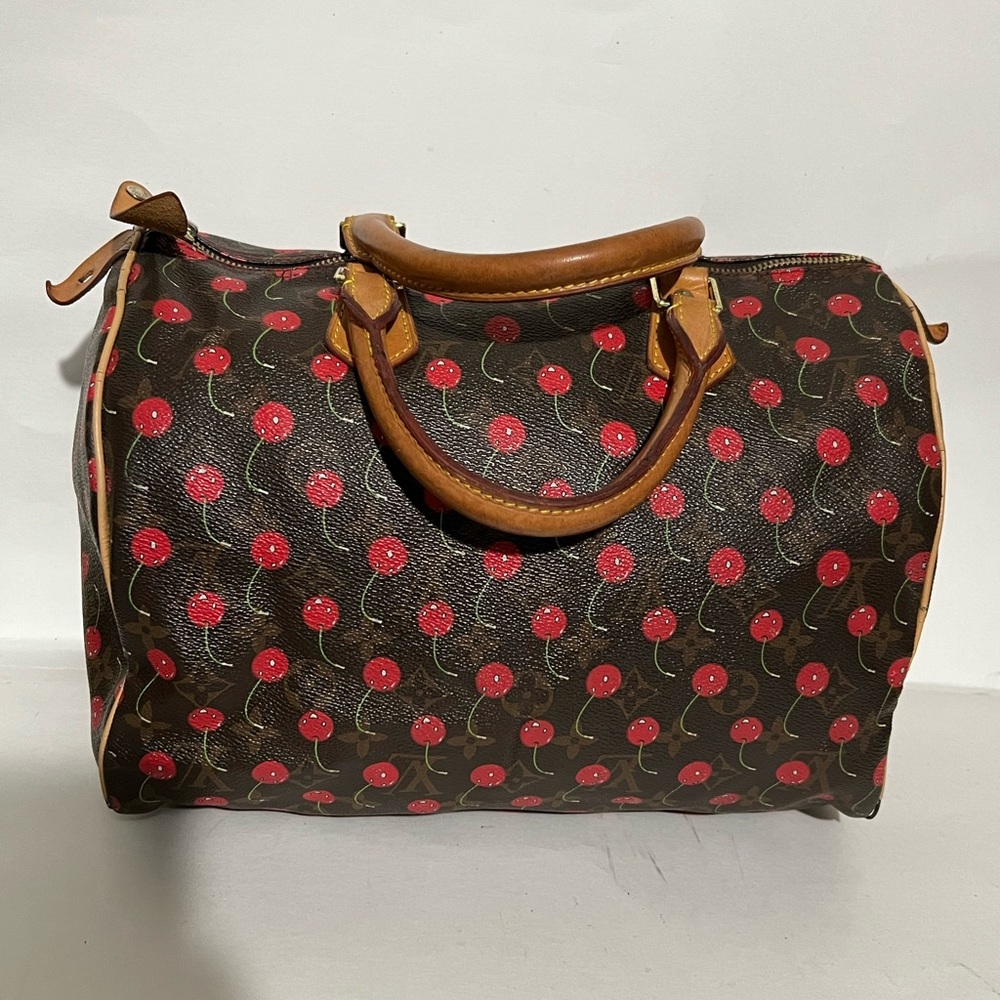Beautiful Cherry Print with Brown Leather- Weekender Bag